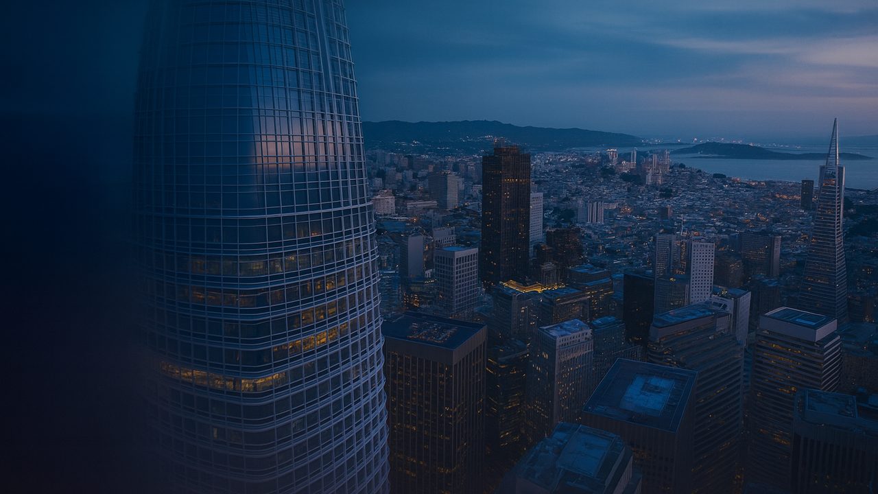 Blue-hour aerial view of downtown San Francisco with Salesforce Tower in the foreground and the Transamerica Pyramid in the distance